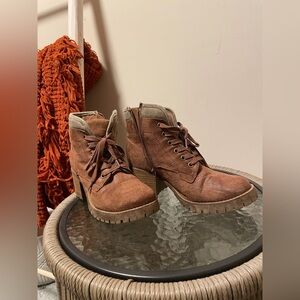 Brown Heeled Suede Lace Up Boots